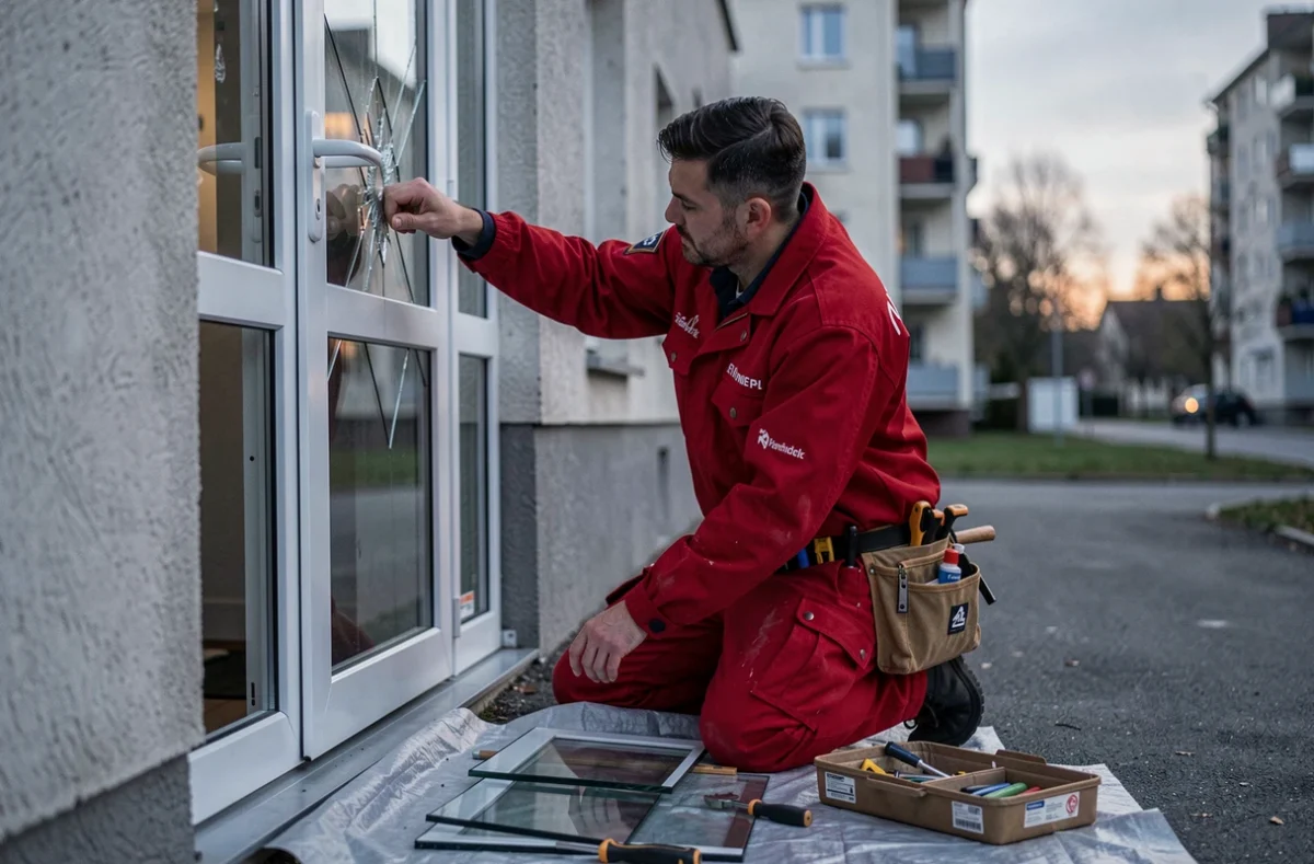 Vitrier d'urgence ADI Artisan Dépannage Immédiat remplaçant une vitre brisée en urgence dans un immeuble résidentiel