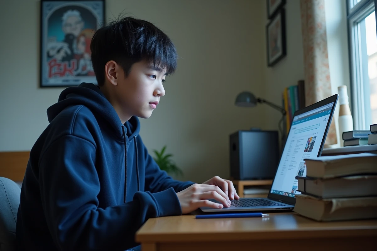 Adolescent débutant consultant un site de lecture manga en ligne sur ordinateur portable dans sa chambre d'étudiant
