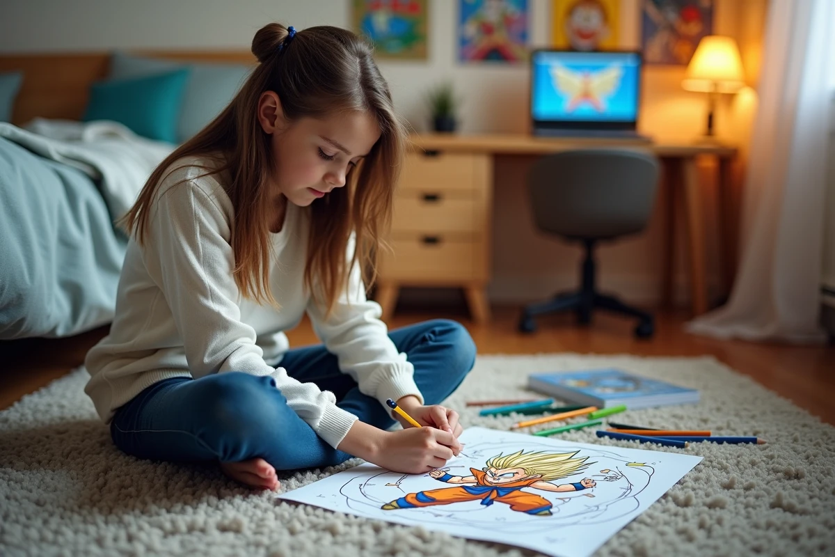 Adolescente coloriant un dessin Dragon Ball Vegeta imprimé sur le sol de sa chambre avec des crayons