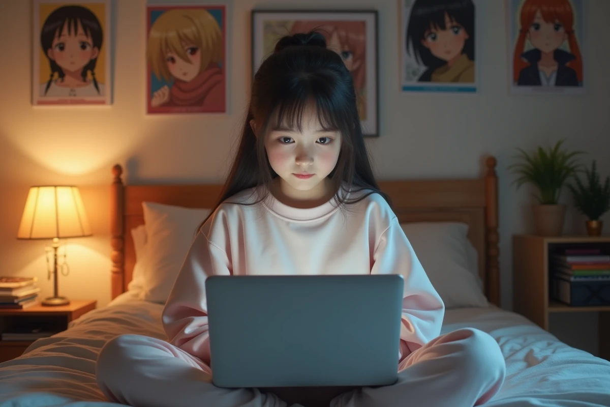 Adolescente lisant One Piece en ligne sur son ordinateur portable depuis sa chambre, avec des posters d'anime en arrière-plan