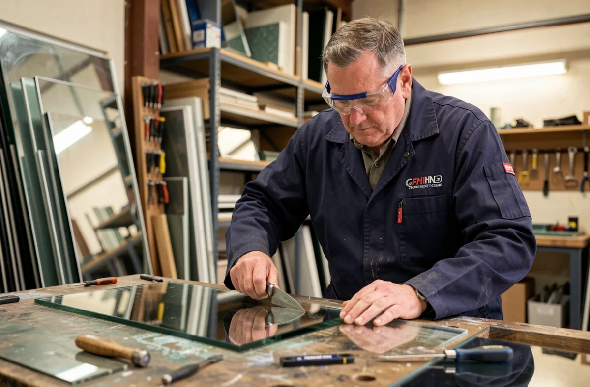 Artisan vitrier de la miroiterie Allo JM découpant un panneau de miroir dans son atelier professionnel