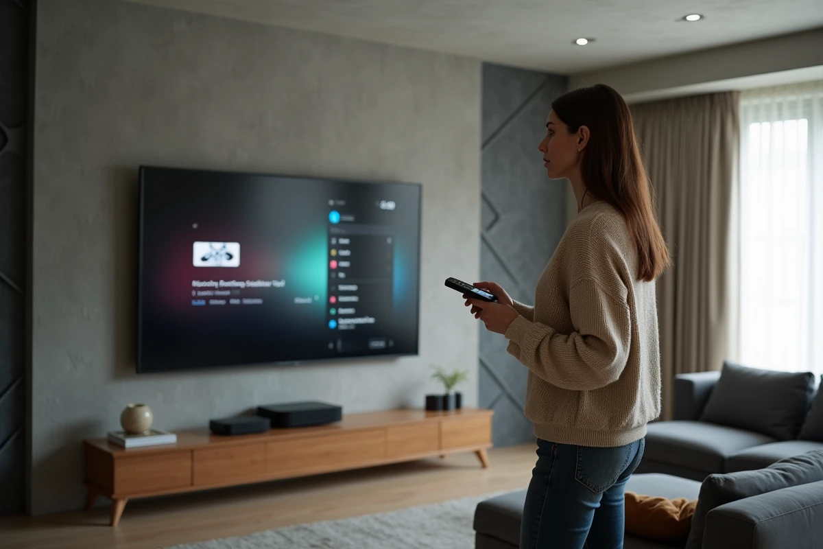 Femme explorant des alternatives de streaming vidéo HD sur une télévision 4K dans un salon moderne