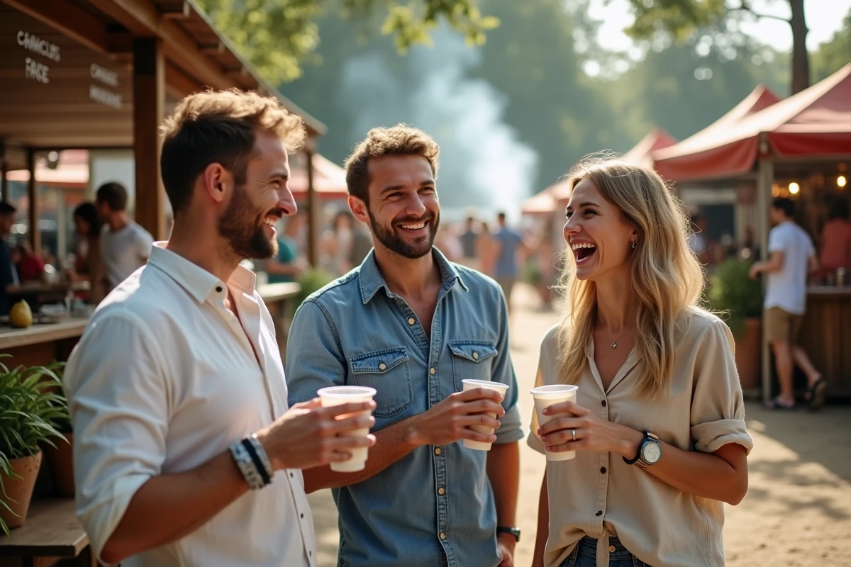 Groupe d'amis adultes souriant et partageant des boissons dans le village du festival de musique de Lyon par une journée d'été