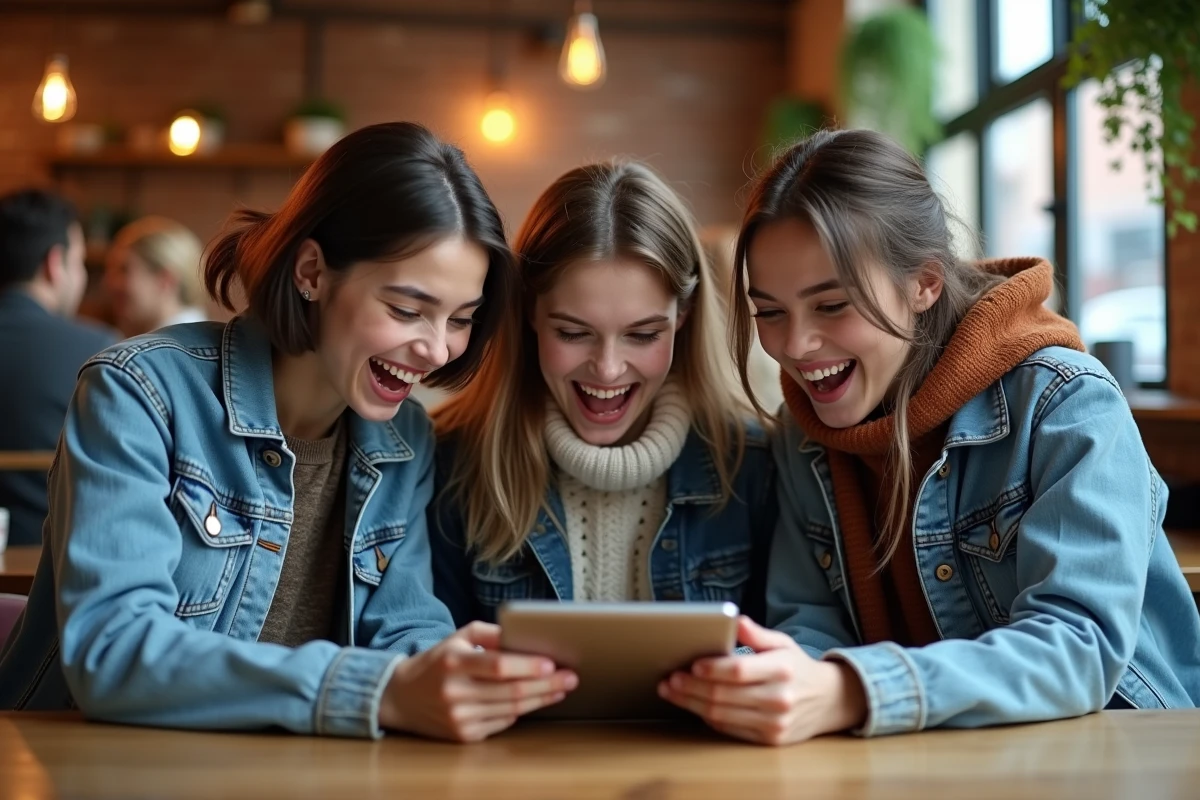Groupe de jeunes amis lisant ensemble un chapitre de One Piece sur une tablette dans un café, exprimant leur enthousiasme