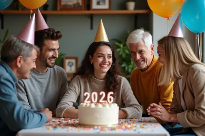 Groupe diversifié fête d'anniversaire 2026 avec gâteau et ballons