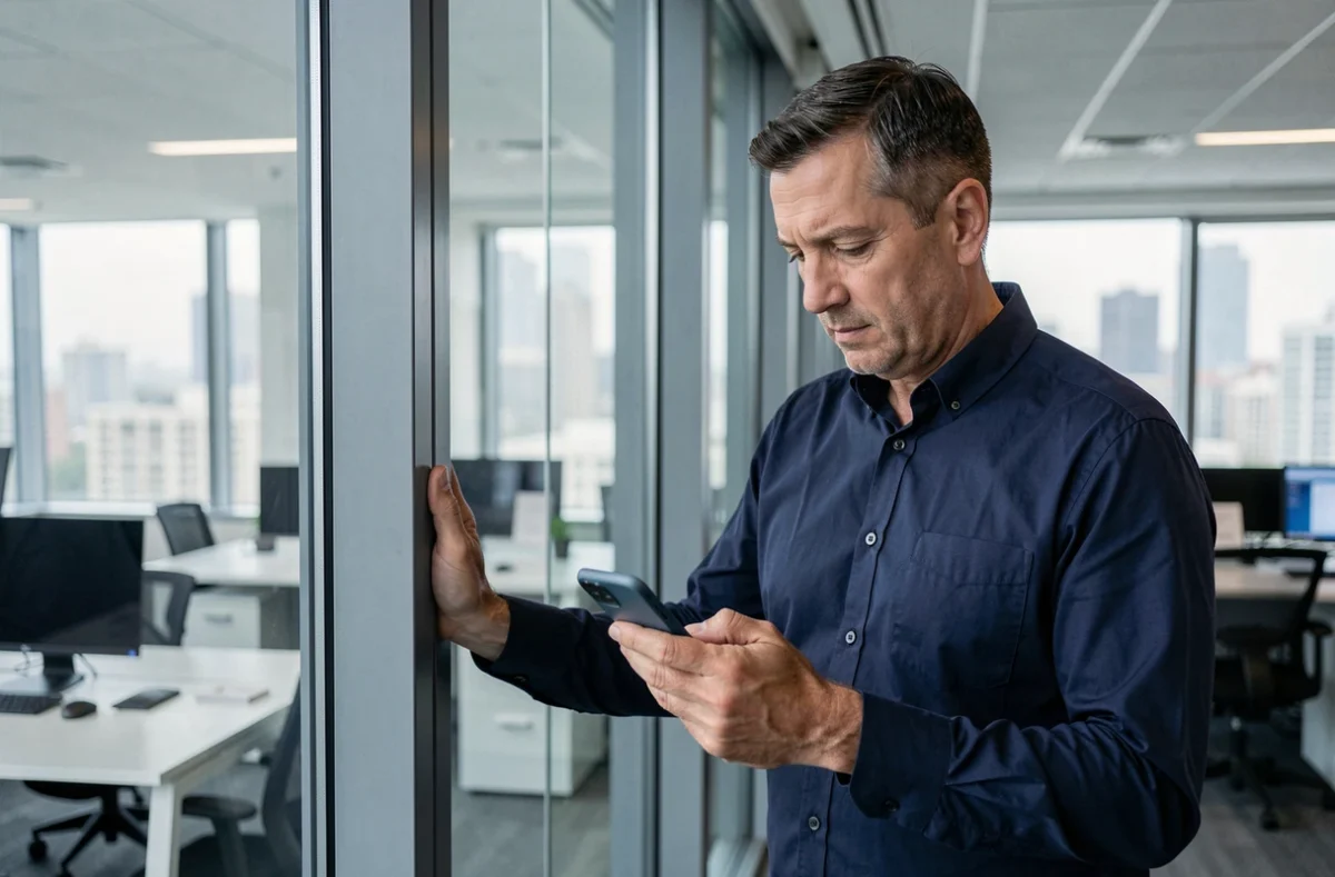 Homme en bureau consultant un appel inconnu sur son téléphone portable près d'une fenêtre