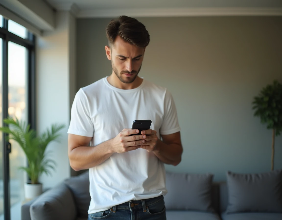 Jeune homme hésitant à répondre à un appel d'un numéro inconnu sur son téléphone portable