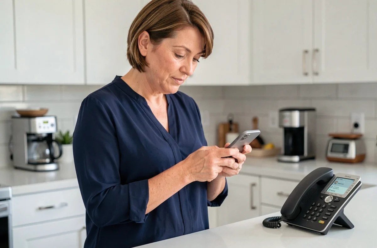 Femme utilisant l'application Free sur smartphone à côté d'un téléphone fixe dans une cuisine