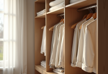 Armoire minimaliste bien rangee avec vetements neutres