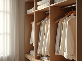 Armoire minimaliste bien rangee avec vetements neutres