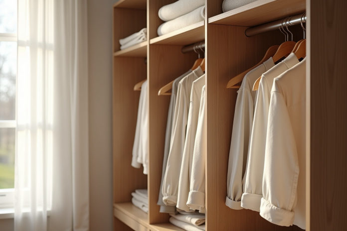 Armoire minimaliste bien rangee avec vetements neutres