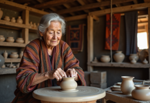 Femme âgée façonnant de l'argile sur un tour de potier