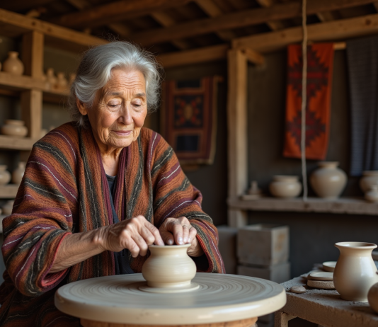 Femme âgée façonnant de l'argile sur un tour de potier