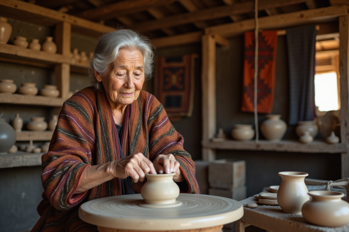 artisane-poterie-traditionnelle Femme âgée façonnant de l'argile sur un tour de potier