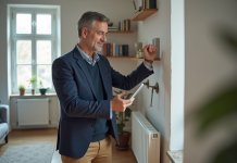 Auditeur énergie inspectant un radiateur avec tablette dans un salon lumineux