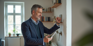 Auditeur énergie inspectant un radiateur avec tablette dans un salon lumineux