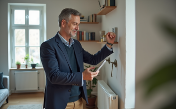 Audits énergétiques 2034 : biens concernés et obligations à connaître Auditeur énergie inspectant un radiateur avec tablette dans un salon lumineux