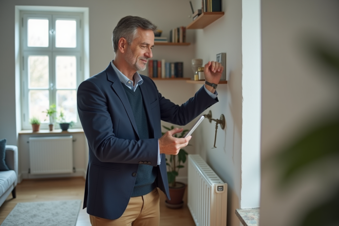 Auditeur énergie inspectant un radiateur avec tablette dans un salon lumineux