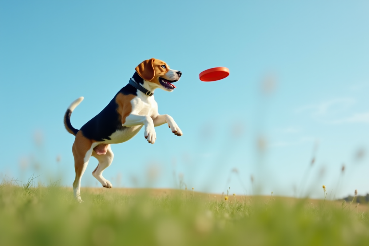 Beagle attrapant un frisbee en plein air sous un ciel bleu