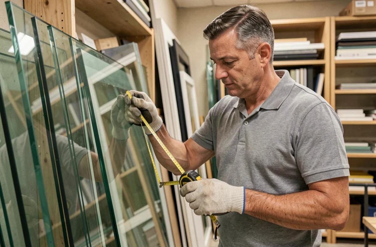 Artisan vitrier de BMJL mesurant avec précision un grand panneau de verre dans son atelier de vitrerie