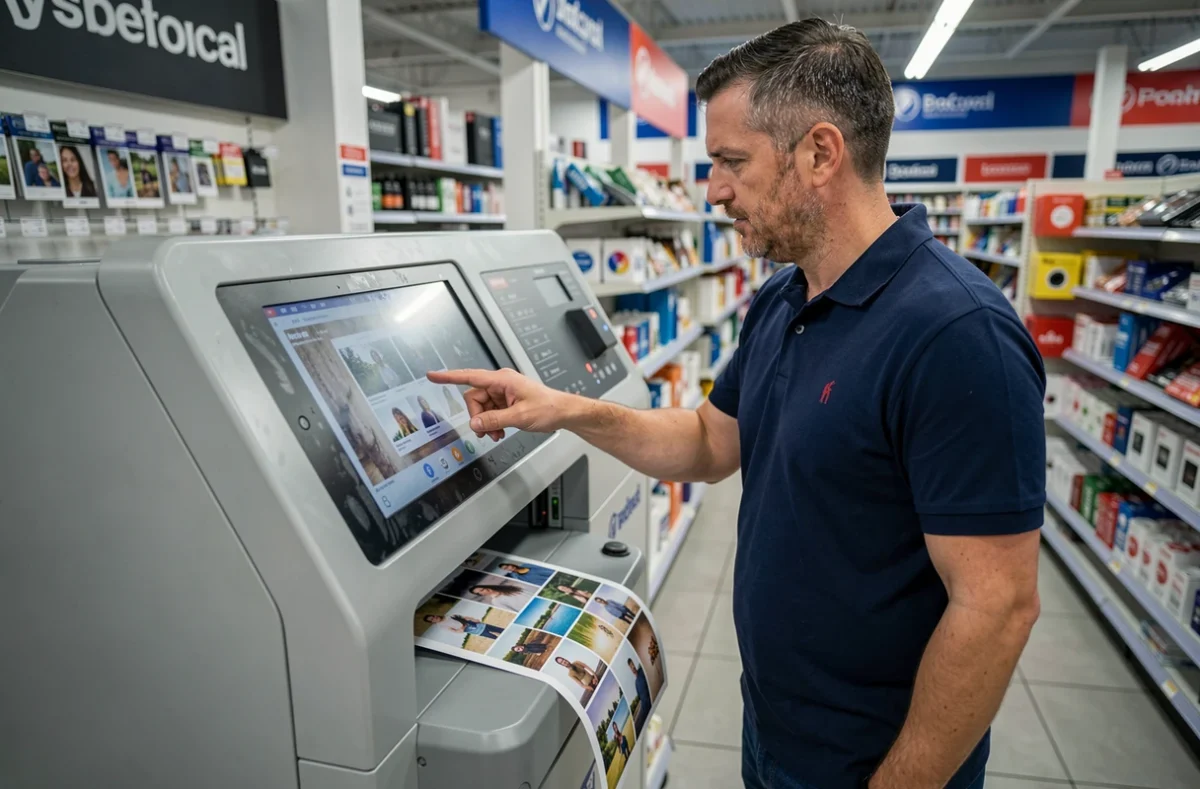 Homme utilisant une borne d'impression photo en libre-service dans un magasin de fournitures photo