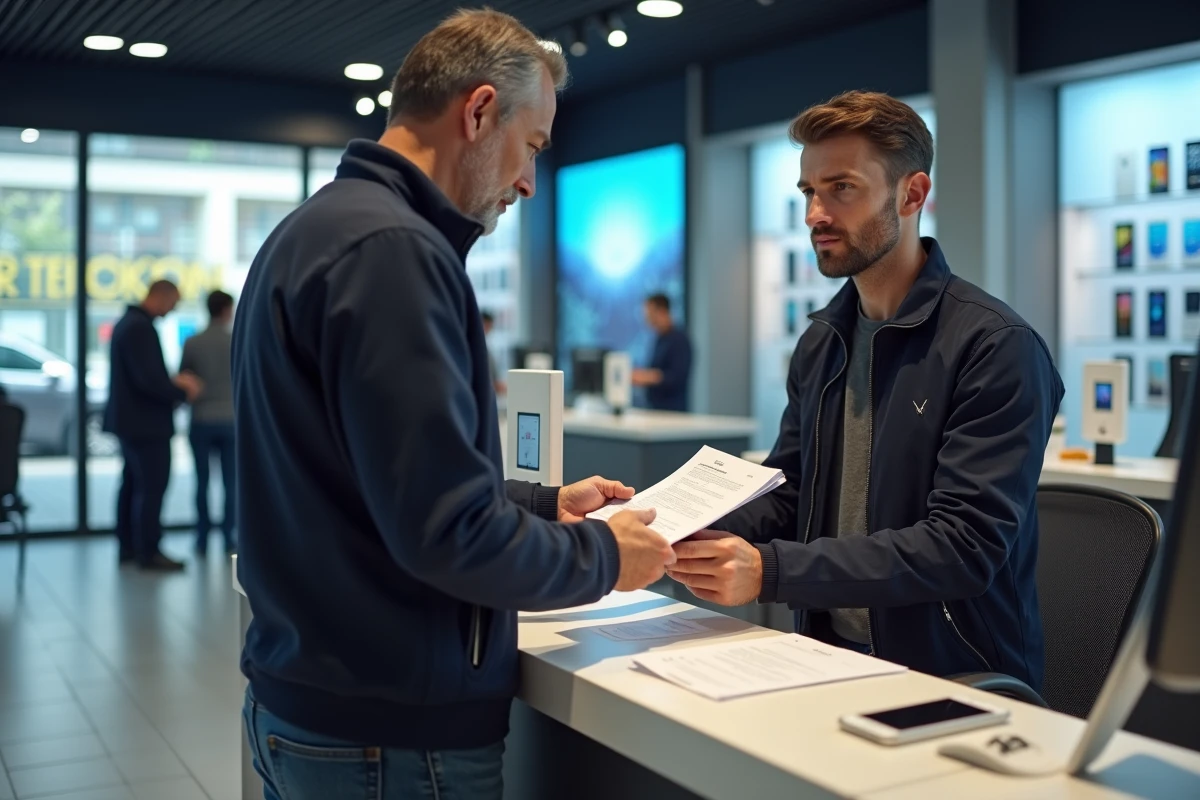 Client remettant des documents à un conseiller en boutique téléphonique lors d'une résiliation de forfait Free avec portabilité du numéro