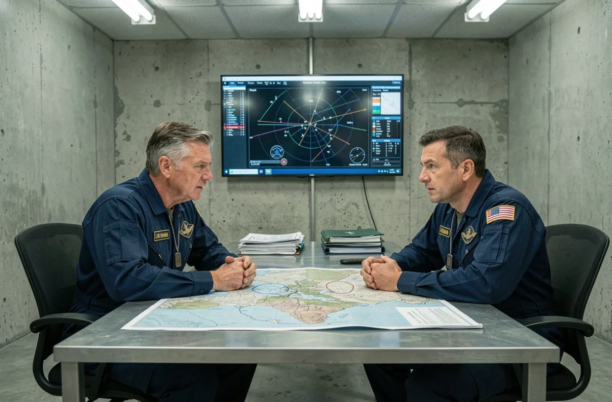 Deux pilotes militaires discutant de stratégie dans une salle de briefing tactique, ambiance Top Gun 3
