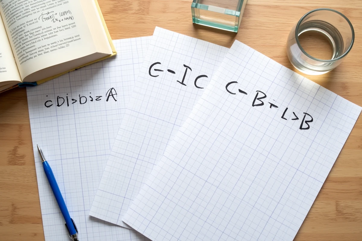 Vue du dessus d'un bureau avec des fiches de conversion mètre cube en litres, un cube en acrylique et un verre d'eau pour apprendre le calcul de volume