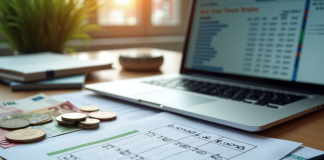 Bureau moderne avec ordinateur et billets d'euros