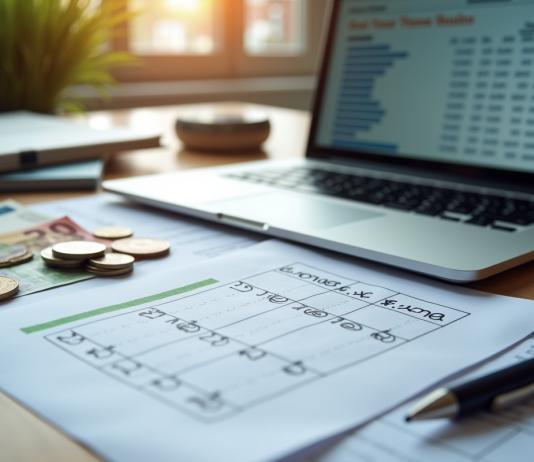 Bureau moderne avec ordinateur et billets d'euros