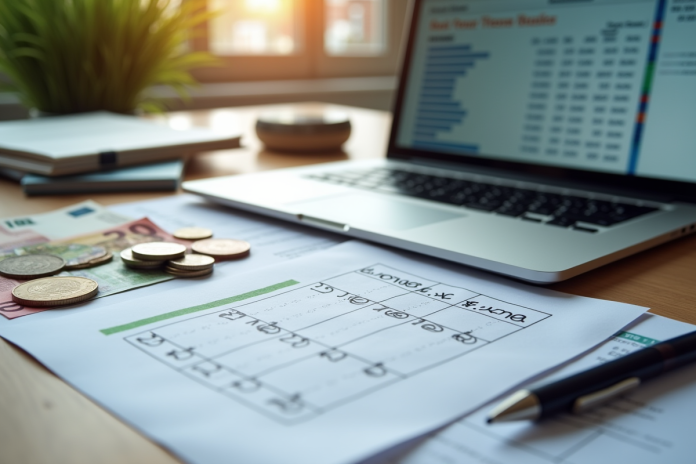 Bureau moderne avec ordinateur et billets d'euros