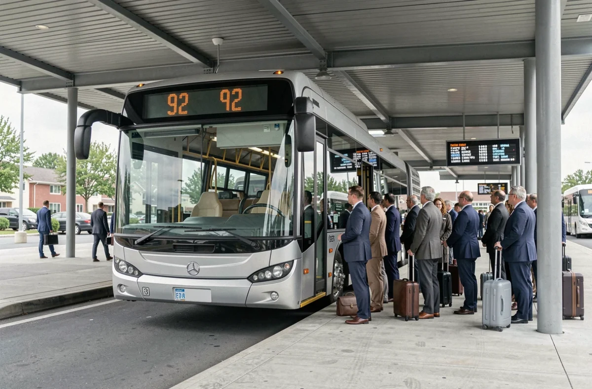 Bus de la ligne 92 en gare routière avec des passagers en file d'attente pour leur trajet domicile-travail