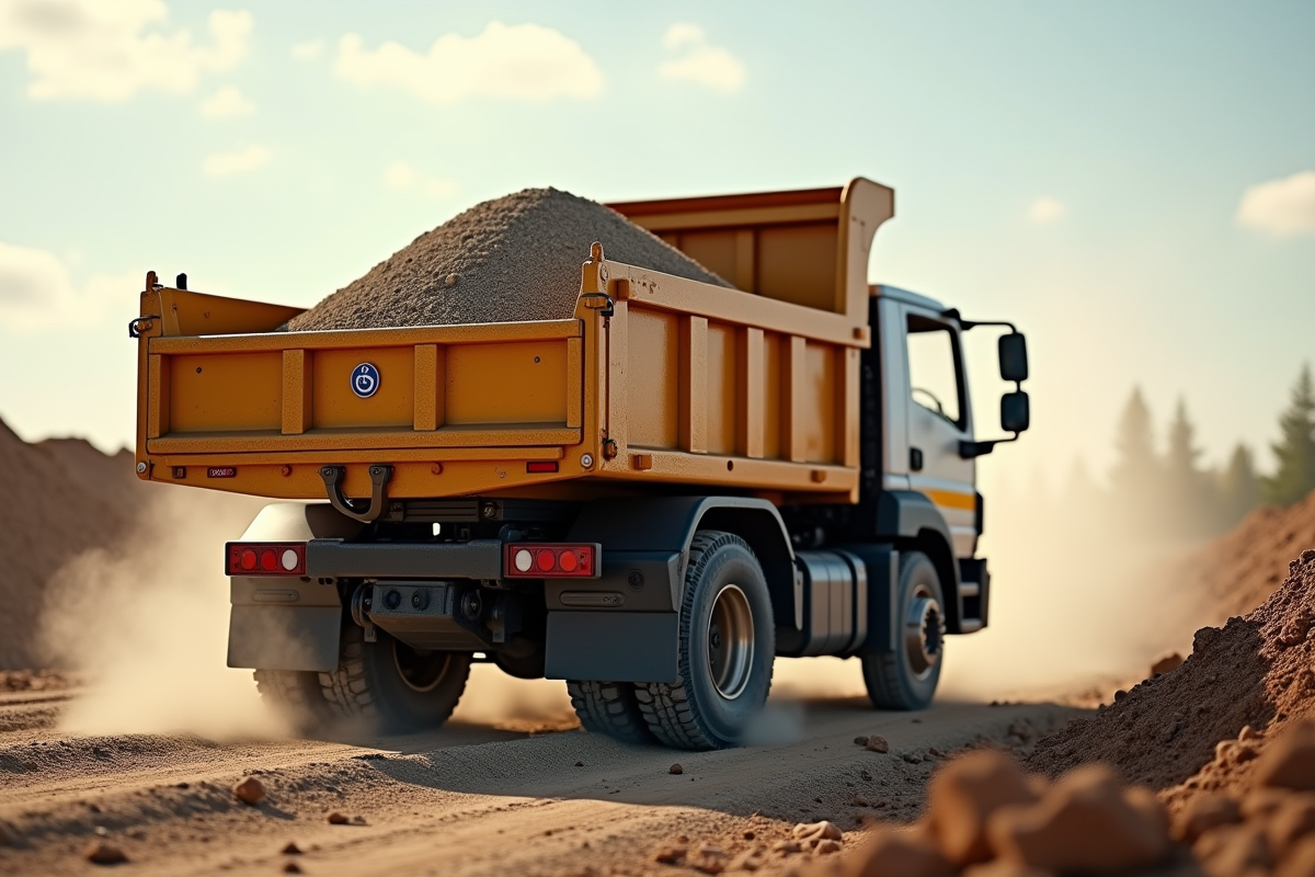 Camion benne en action lors de déchargement de gravier