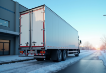 Camion frigorifique près d'un supermarche en plein jour