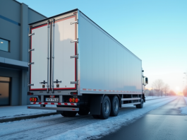 Camion frigorifique près d'un supermarche en plein jour