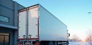 Camion frigorifique près d'un supermarche en plein jour