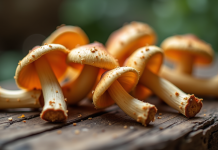 Champignons chanterelles frais sur une table en bois rustique