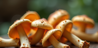 Champignons chanterelles frais sur une table en bois rustique