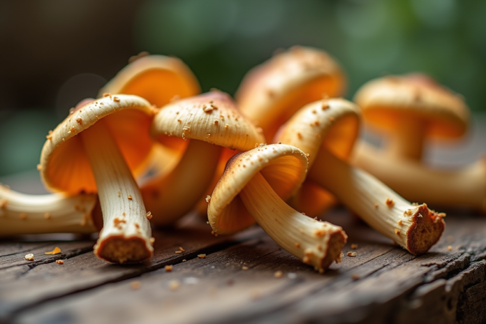 Champignons chanterelles frais sur une table en bois rustique