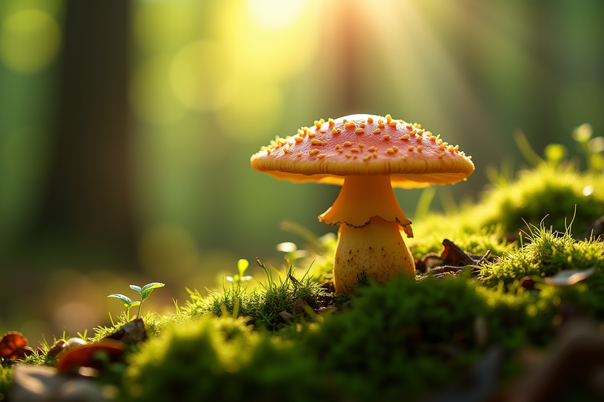 Chanterelle poussant parmi la mousse dans la forêt lumineuse