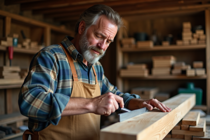 Charpentier homme au travail dans son atelier bois