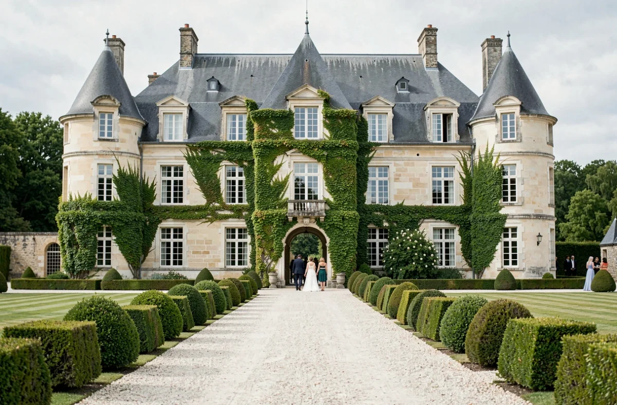 Façade historique du Château d'Avelin avec allée gravillonnée et architecture en pierre du XVIIe siècle