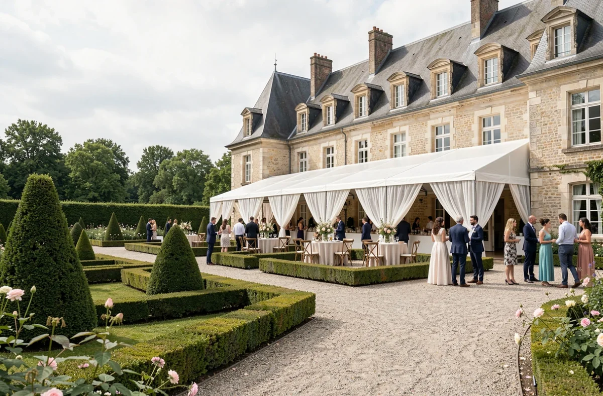 Jardin à la française du Château de Prémesques avec réception en plein air, topiaires et façade en pierre
