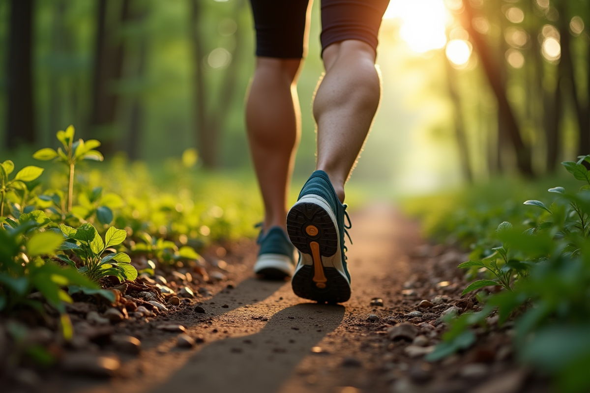 Chaussures de sport sur sentier forestier au matin