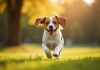Beagle courant dans un parc ensoleille avec flou artistique