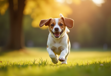 Beagle courant dans un parc ensoleille avec flou artistique