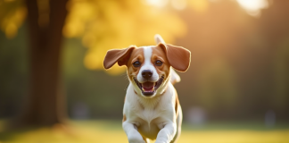 Beagle courant dans un parc ensoleille avec flou artistique