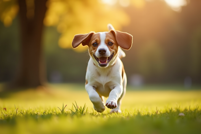 Beagle courant dans un parc ensoleille avec flou artistique