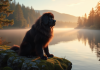 Chien Newfoundland assis sur une roche près d'un lac au lever du soleil