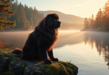Chien Newfoundland assis sur une roche près d'un lac au lever du soleil